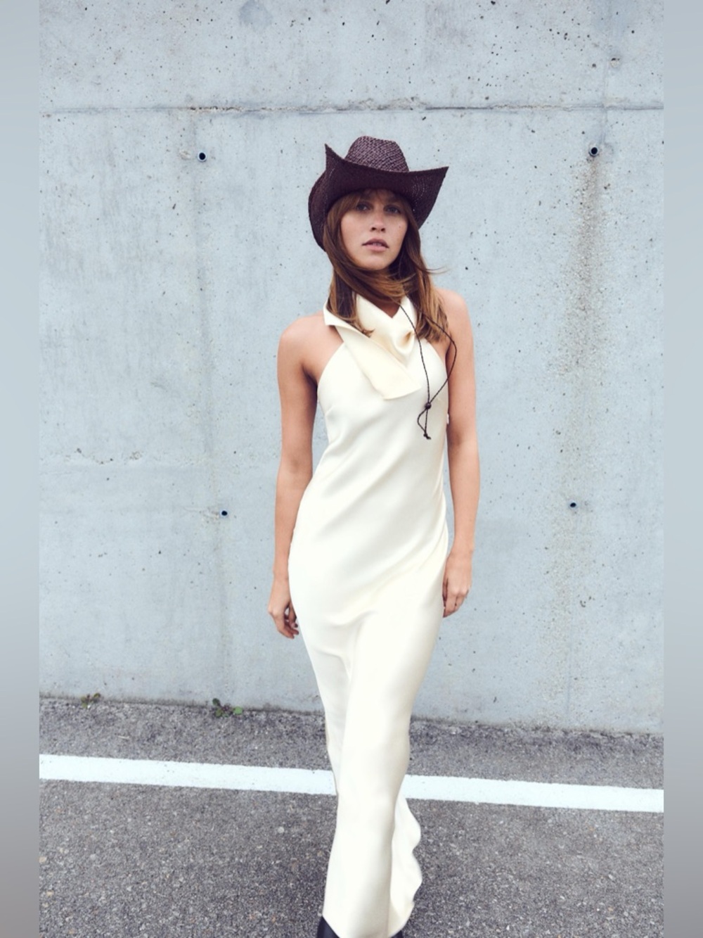 NWT Zara Satin Effect Scarf Halter-neck Long Dress in Cream Ivory Size XS